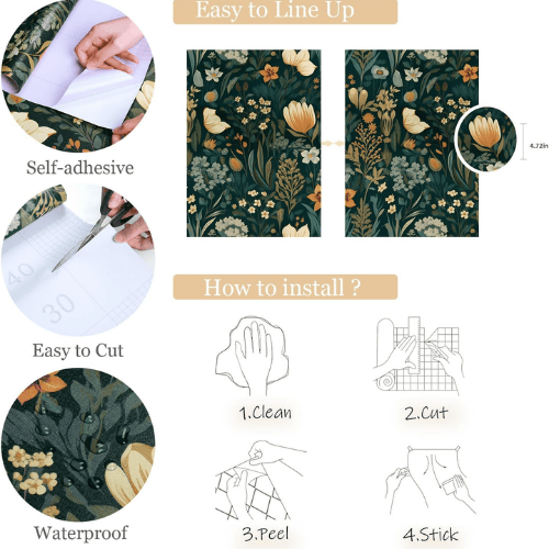 Vintage Floral Peel and Stick Vinyl Wallpaper, Removable Self-Adhesive Contact Paper Roll