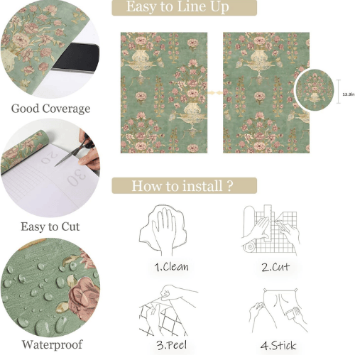 Vintage Floral Peel and Stick Vinyl Wallpaper, Removable Self-Adhesive Contact Paper Roll