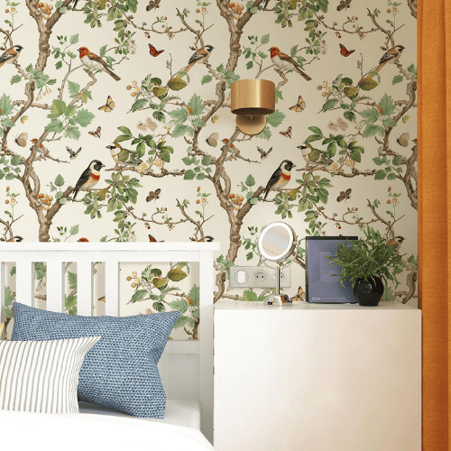 Vintage Floral Bird Peel and Stick Vinyl Wallpaper Roll