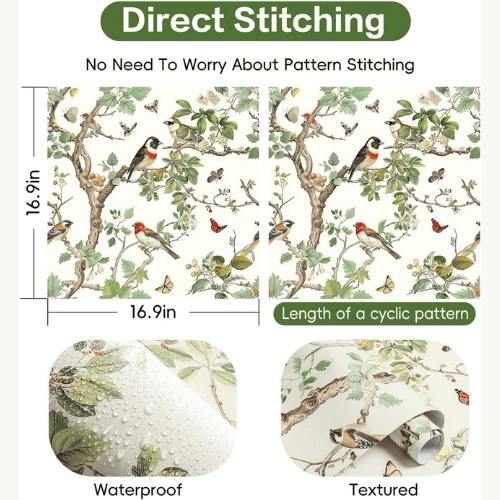 Vintage Floral Bird Peel and Stick Vinyl Wallpaper Roll