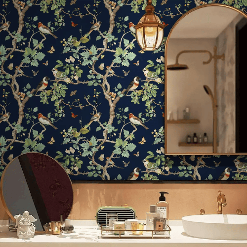 Vintage Floral Bird Peel and Stick Vinyl Wallpaper Roll